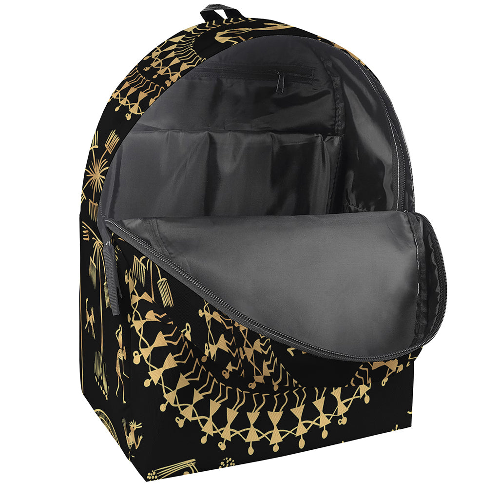 Black And Gold Warli Tribal Print Backpack