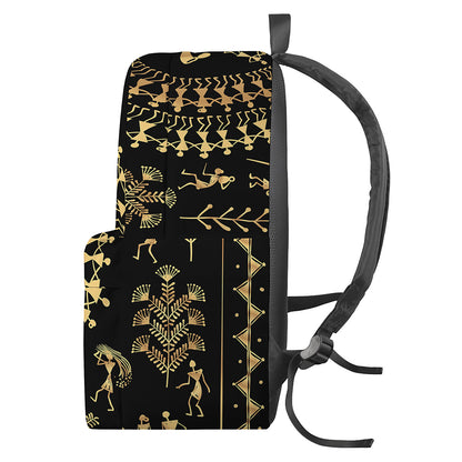 Black And Gold Warli Tribal Print Backpack