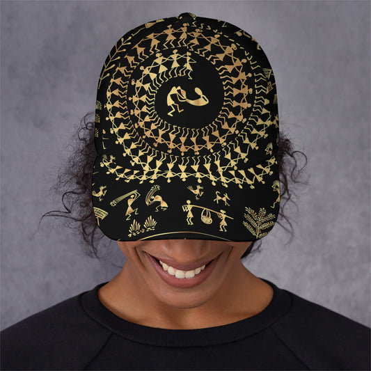 Black And Gold Warli Tribal Print Baseball Cap