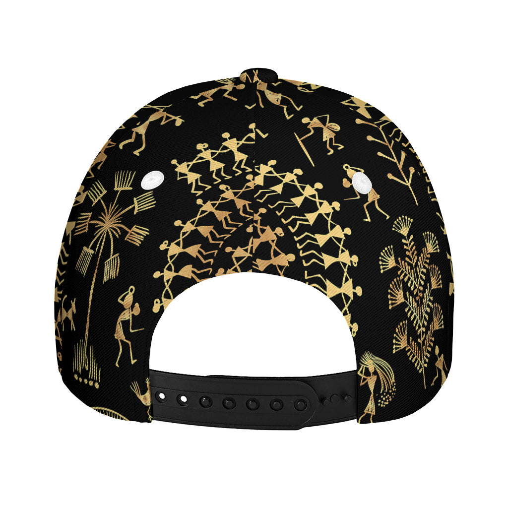 Black And Gold Warli Tribal Print Baseball Cap