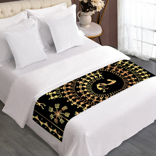Black And Gold Warli Tribal Print Bed Runner
