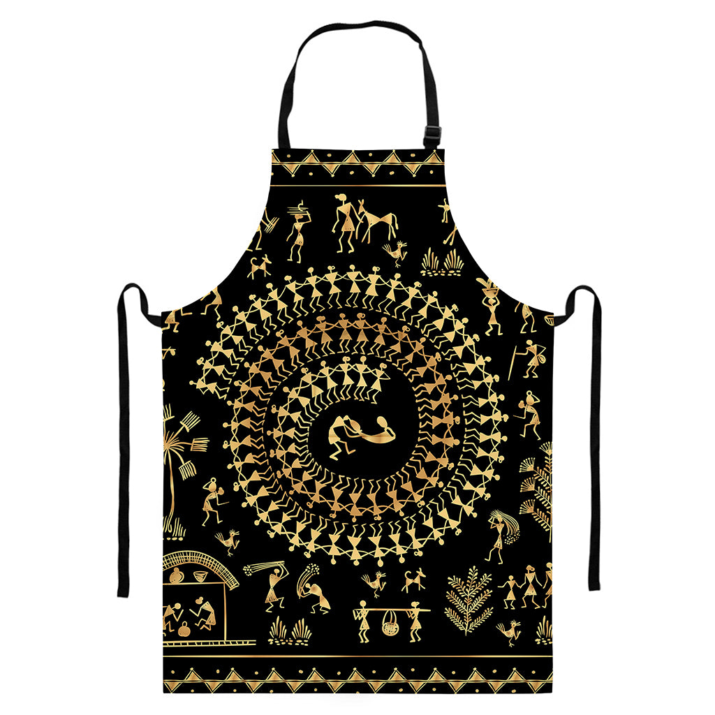 Black And Gold Warli Tribal Print Bib Apron With Pocket