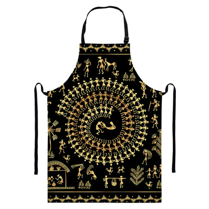 Black And Gold Warli Tribal Print Bib Apron With Pocket