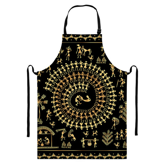 Black And Gold Warli Tribal Print Bib Apron With Pocket