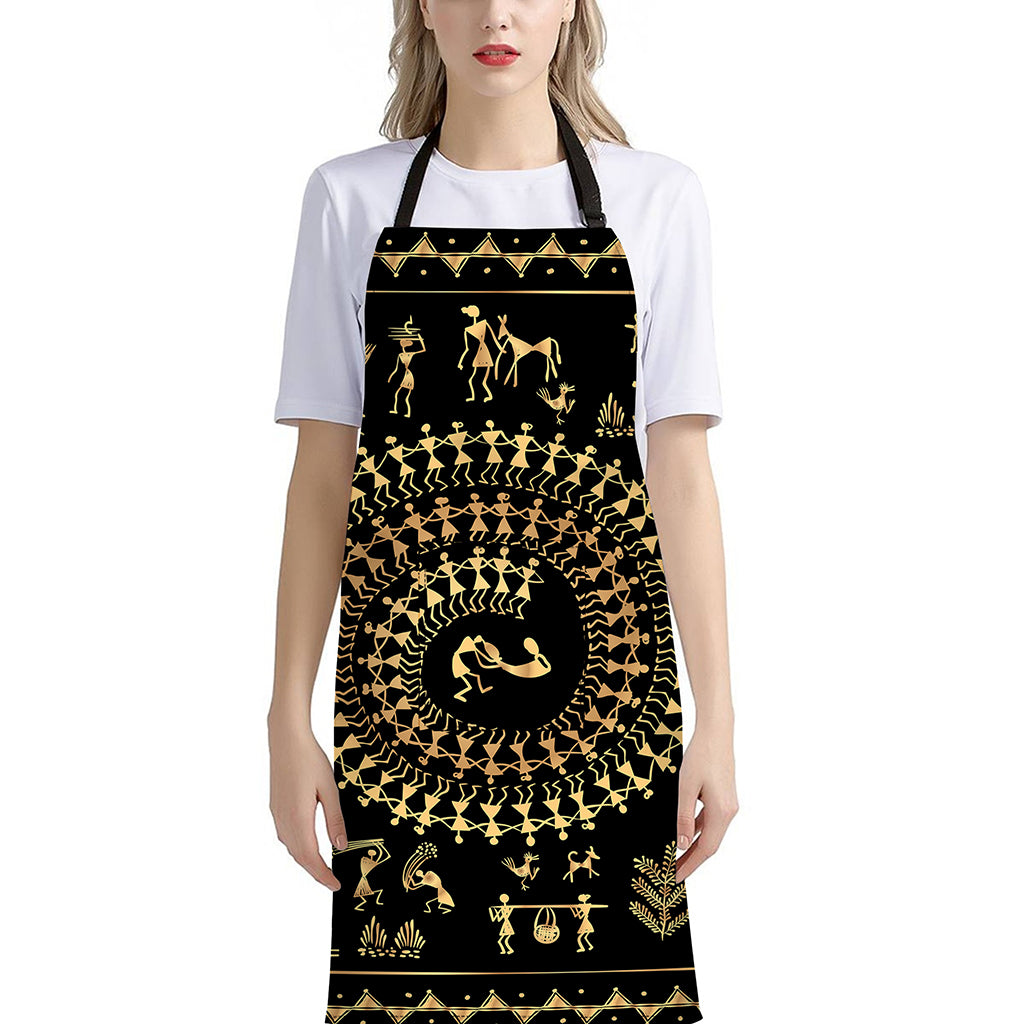Black And Gold Warli Tribal Print Bib Apron With Pocket