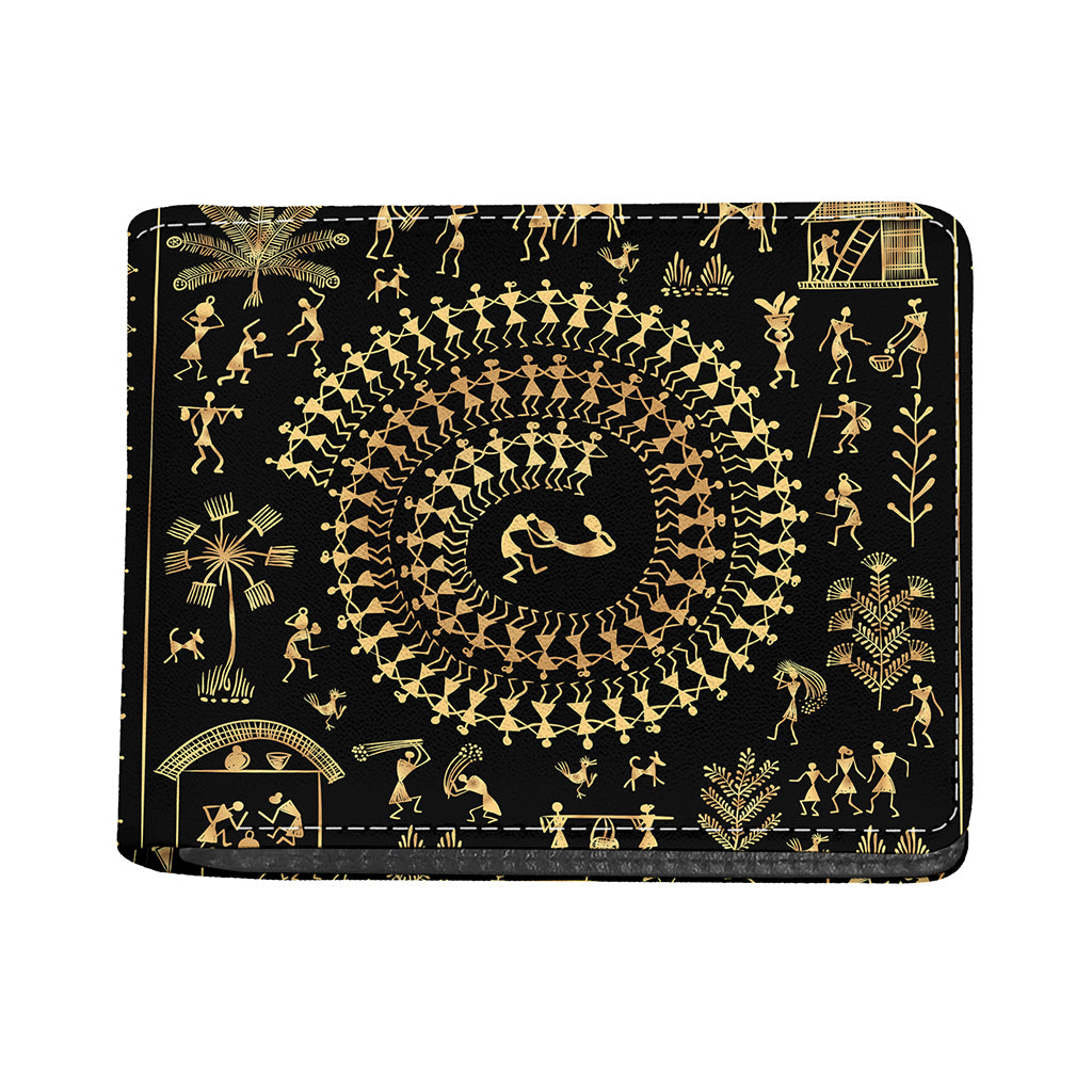 Black And Gold Warli Tribal Print Bifold Wallet