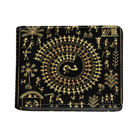 Black And Gold Warli Tribal Print Bifold Wallet