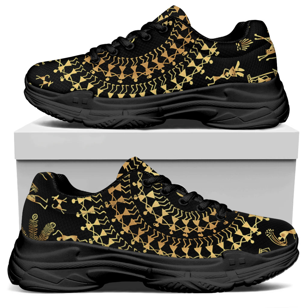 Black And Gold Warli Tribal Print Black Chunky Shoes