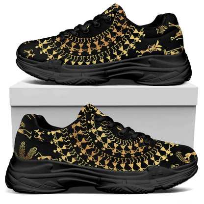 Black And Gold Warli Tribal Print Black Chunky Shoes