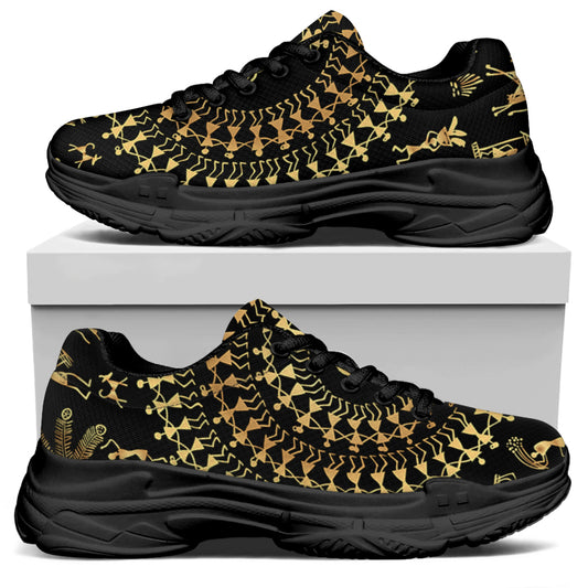 Black And Gold Warli Tribal Print Black Chunky Shoes