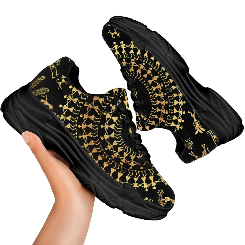 Black And Gold Warli Tribal Print Black Chunky Shoes