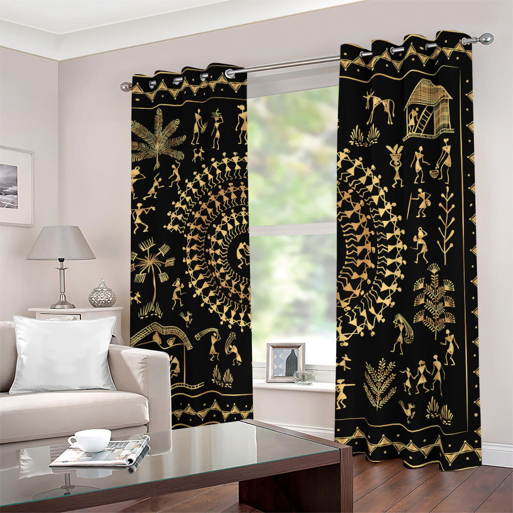Black And Gold Warli Tribal Print Blackout Grommet Curtains