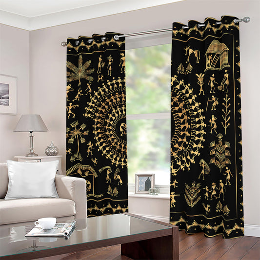Black And Gold Warli Tribal Print Blackout Grommet Curtains