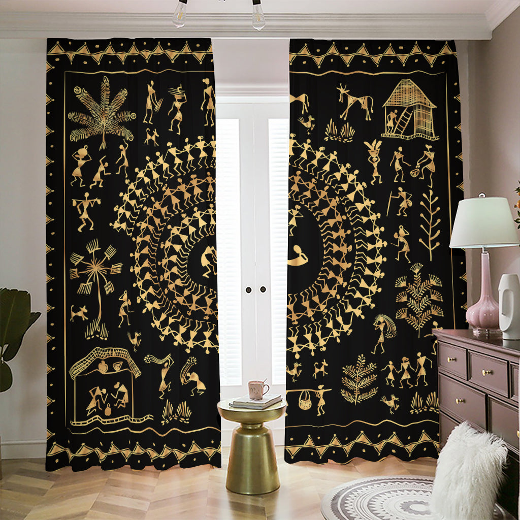 Black And Gold Warli Tribal Print Blackout Pencil Pleat Curtains