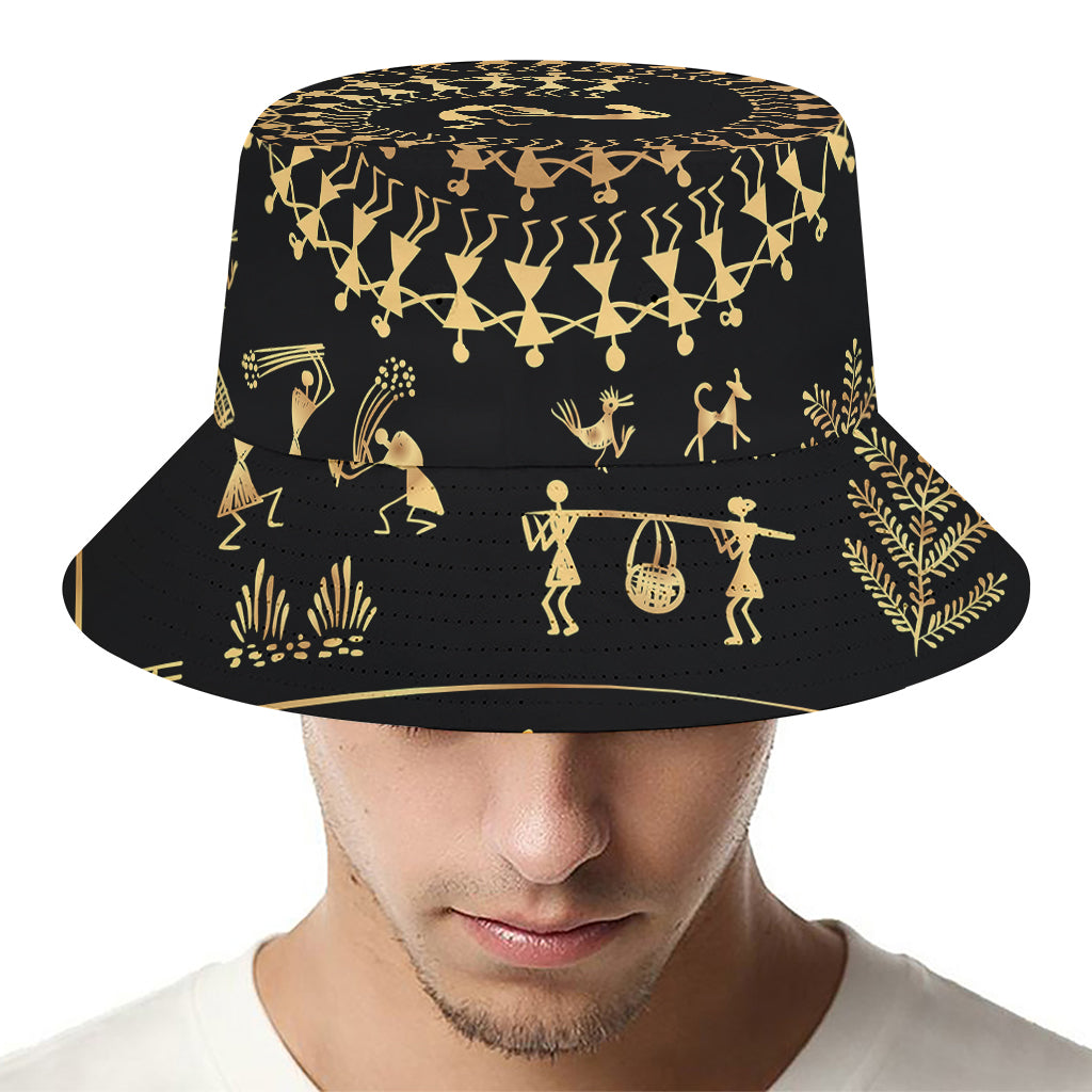 Black And Gold Warli Tribal Print Bucket Hat