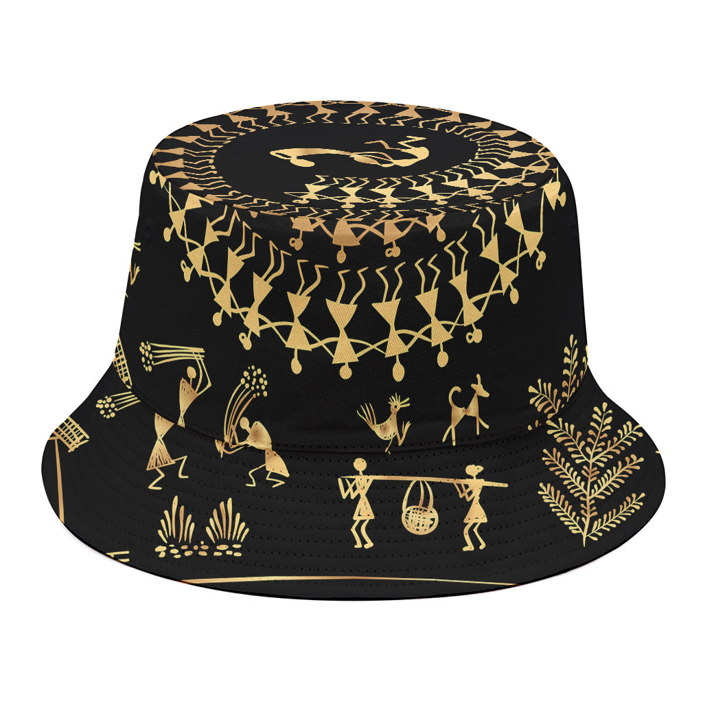 Black And Gold Warli Tribal Print Bucket Hat