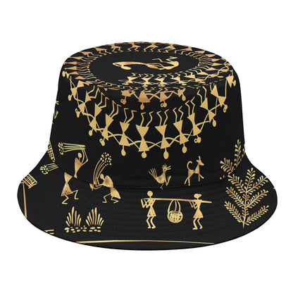 Black And Gold Warli Tribal Print Bucket Hat