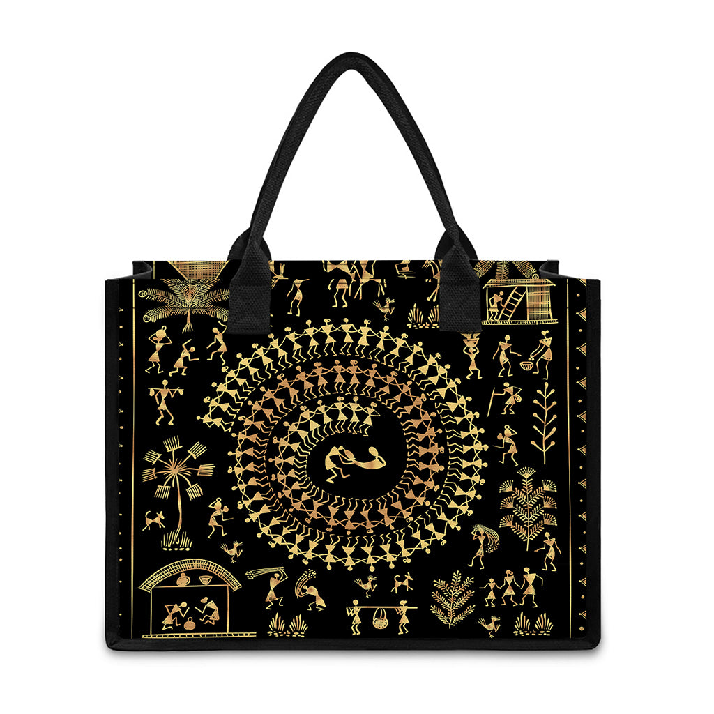 Black And Gold Warli Tribal Print Canvas Tote Bag