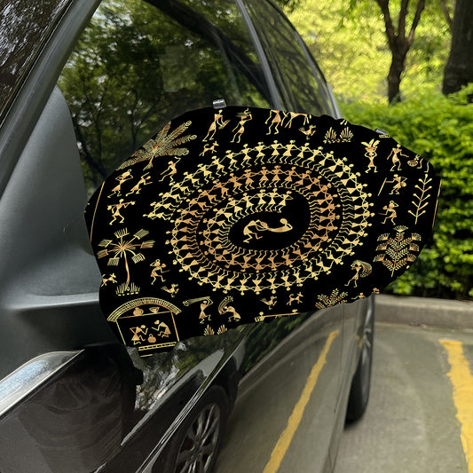 Black And Gold Warli Tribal Print Car Side Mirror Covers