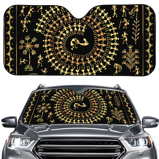 Black And Gold Warli Tribal Print Car Windshield Sun Shade