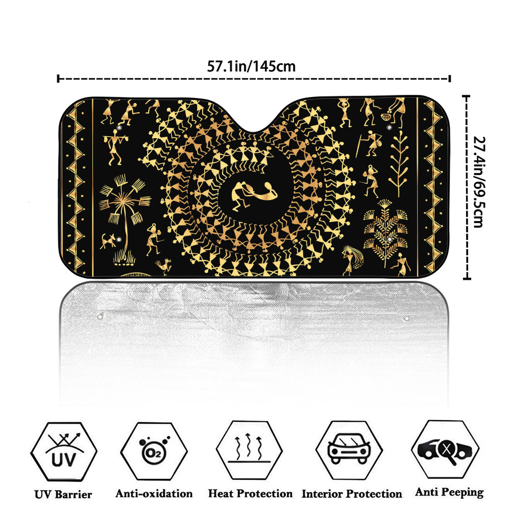 Black And Gold Warli Tribal Print Car Windshield Sun Shade