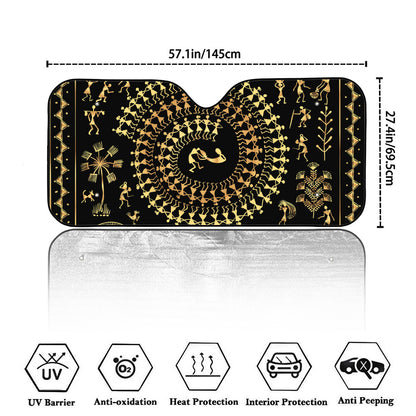 Black And Gold Warli Tribal Print Car Windshield Sun Shade