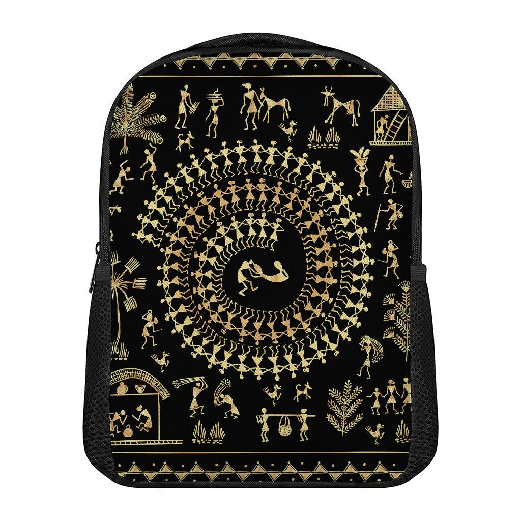 Black And Gold Warli Tribal Print Casual Backpack