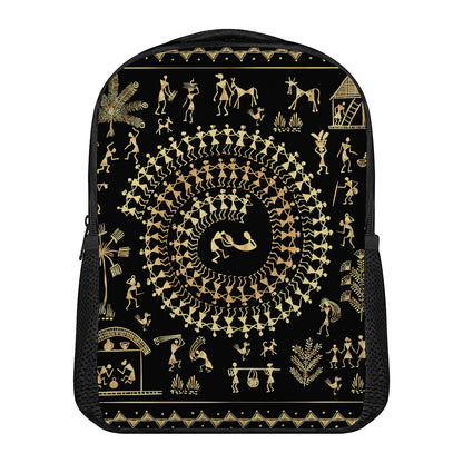 Black And Gold Warli Tribal Print Casual Backpack