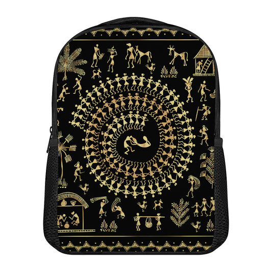 Black And Gold Warli Tribal Print Casual Backpack