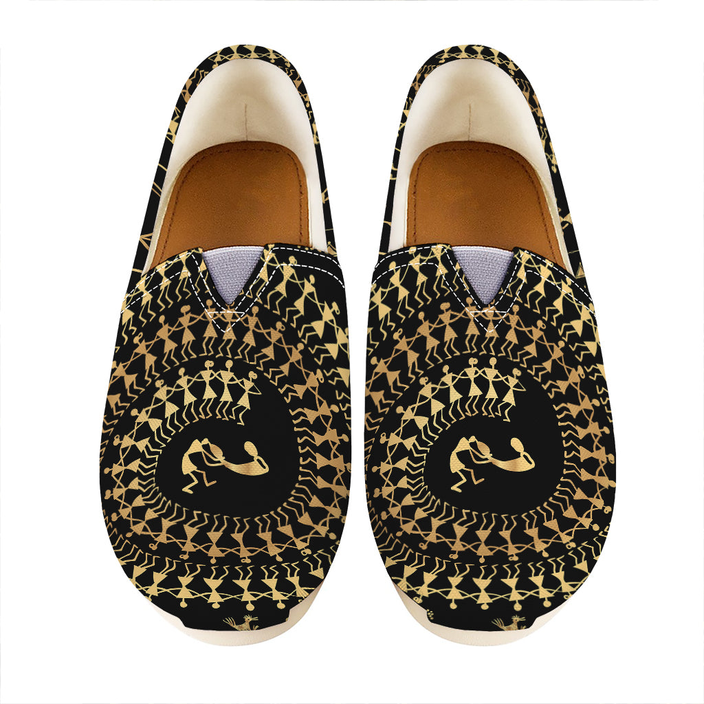 Black And Gold Warli Tribal Print Casual Shoes