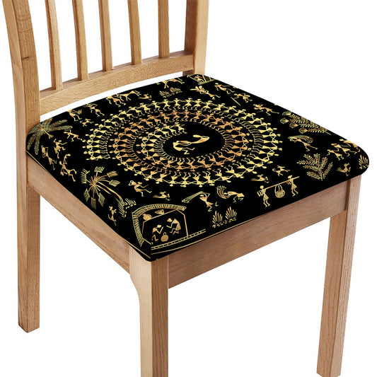 Black And Gold Warli Tribal Print Chair Cushion Cover