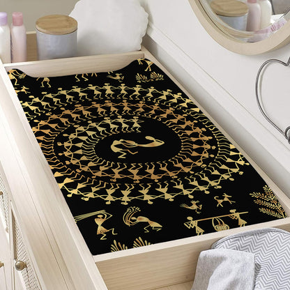 Black And Gold Warli Tribal Print Changing Pad Cover