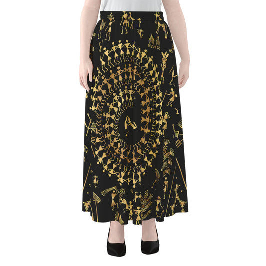Black And Gold Warli Tribal Print Chiffon Maxi Skirt