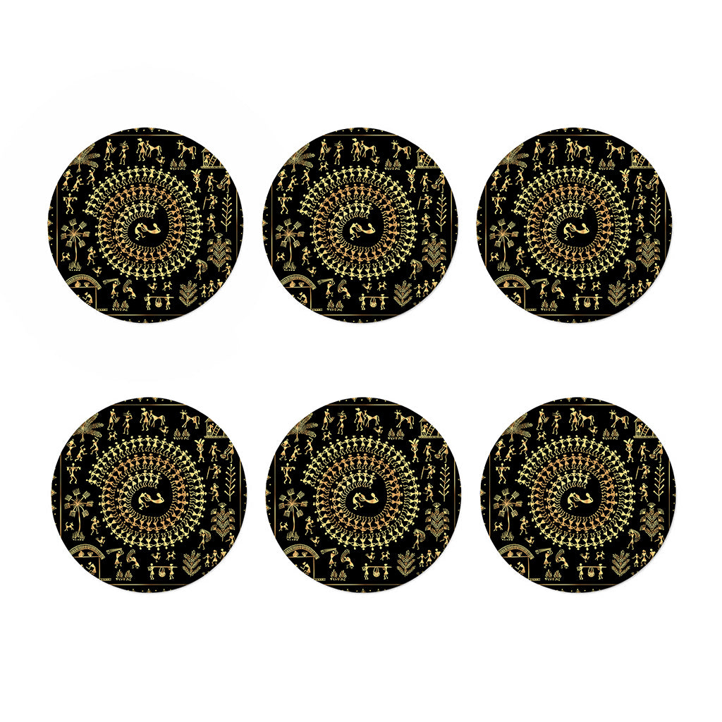 Black And Gold Warli Tribal Print Coaster Set