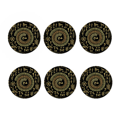 Black And Gold Warli Tribal Print Coaster Set