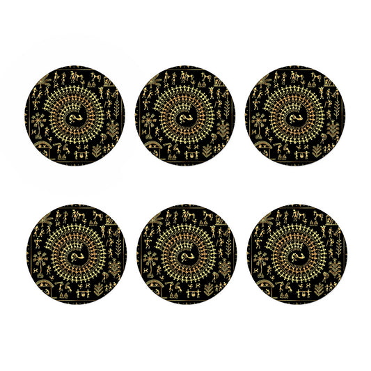 Black And Gold Warli Tribal Print Coaster Set