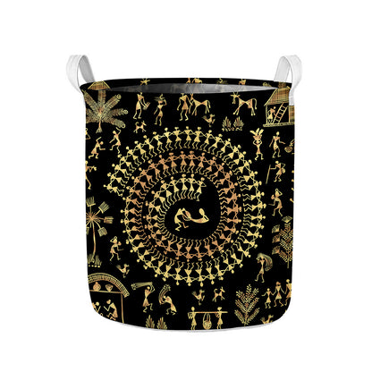 Black And Gold Warli Tribal Print Collapsible Laundry Basket