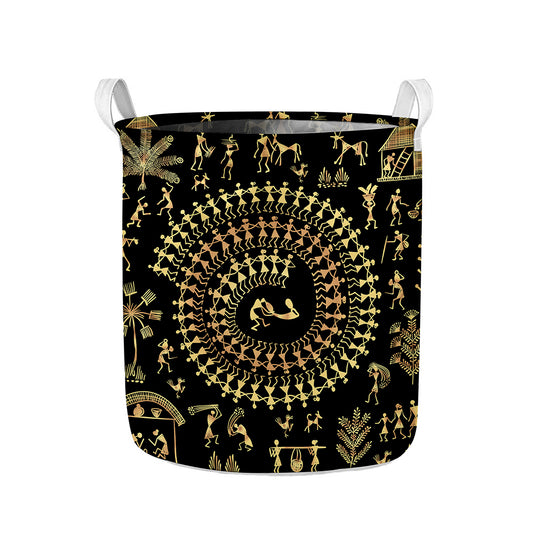 Black And Gold Warli Tribal Print Collapsible Laundry Basket