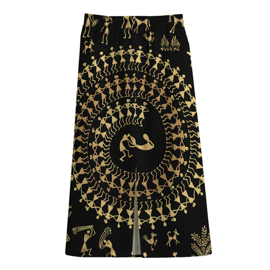 Black And Gold Warli Tribal Print Cotton Front Slit Maxi Skirt