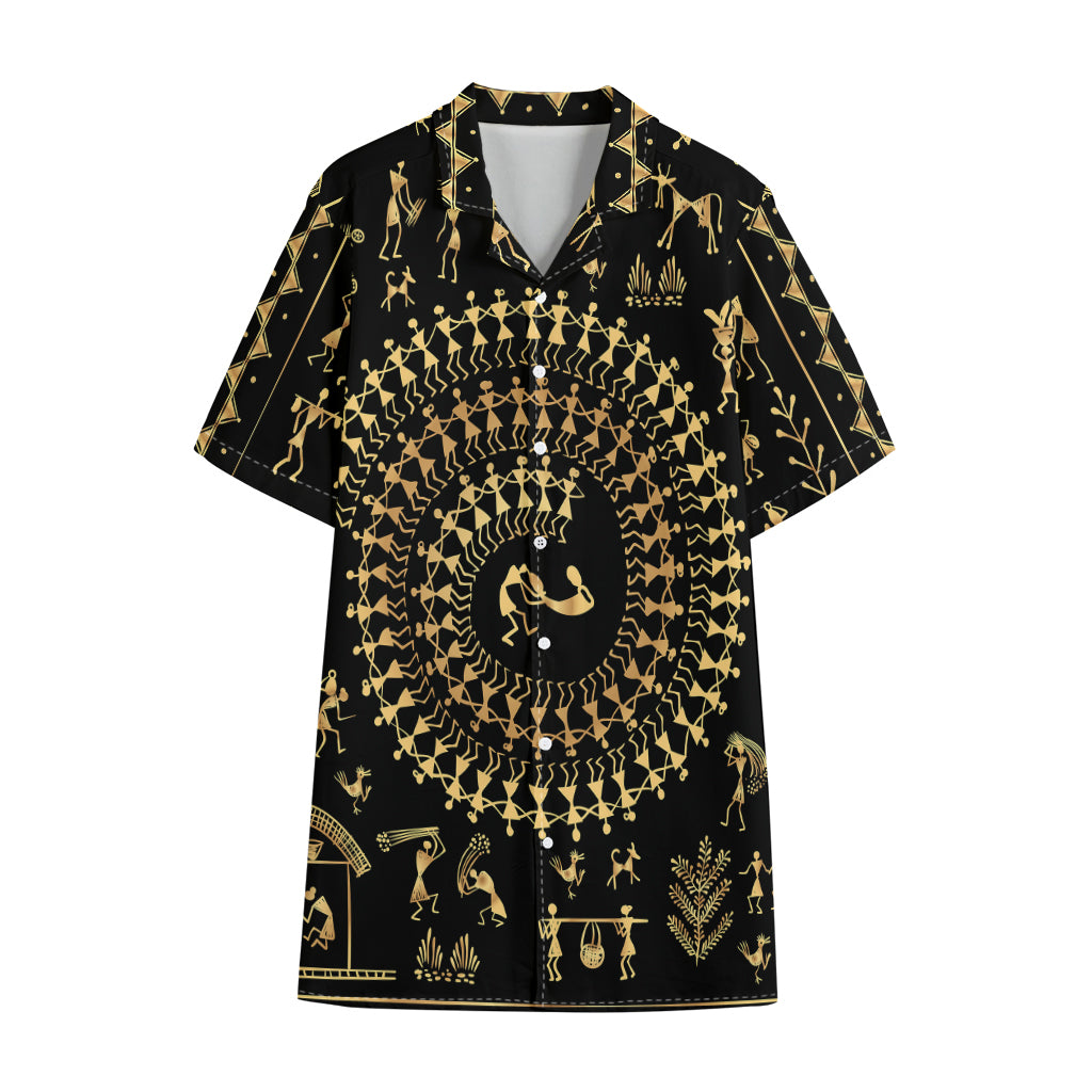 Black And Gold Warli Tribal Print Cotton Hawaiian Shirt