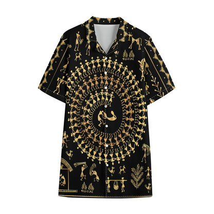 Black And Gold Warli Tribal Print Cotton Hawaiian Shirt