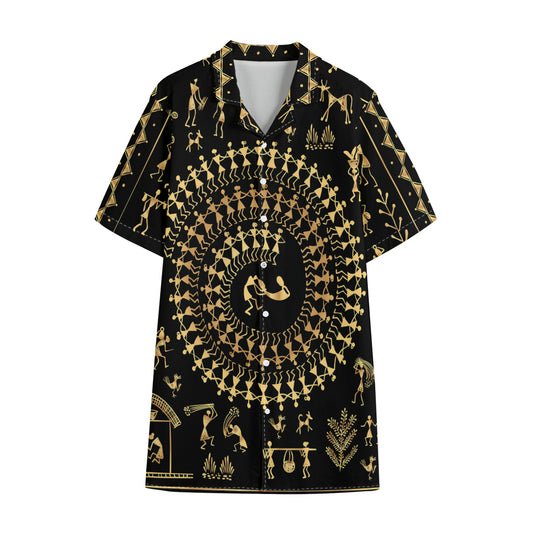 Black And Gold Warli Tribal Print Cotton Hawaiian Shirt