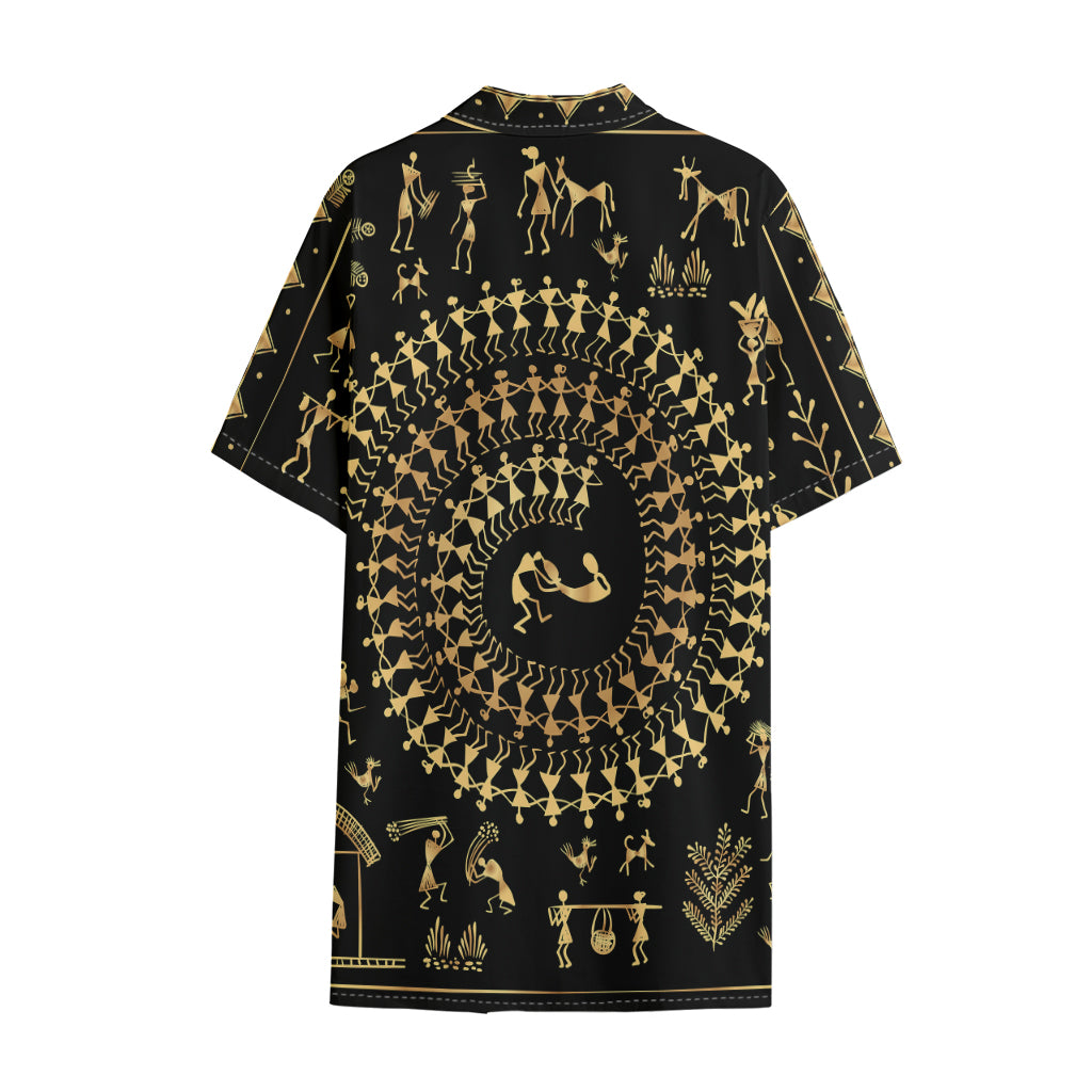 Black And Gold Warli Tribal Print Cotton Hawaiian Shirt