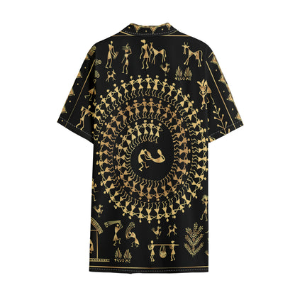 Black And Gold Warli Tribal Print Cotton Hawaiian Shirt