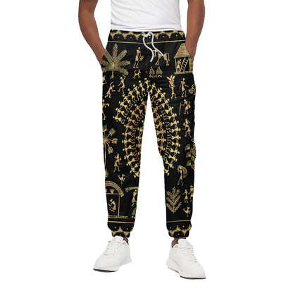 Black And Gold Warli Tribal Print Cotton Pants