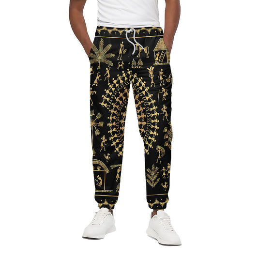 Black And Gold Warli Tribal Print Cotton Pants