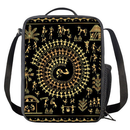 Black And Gold Warli Tribal Print Crossbody Lunch Bag