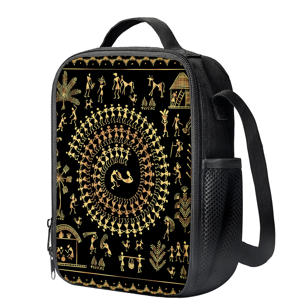 Black And Gold Warli Tribal Print Crossbody Lunch Bag