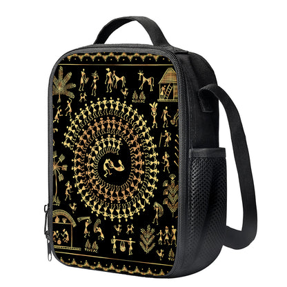 Black And Gold Warli Tribal Print Crossbody Lunch Bag