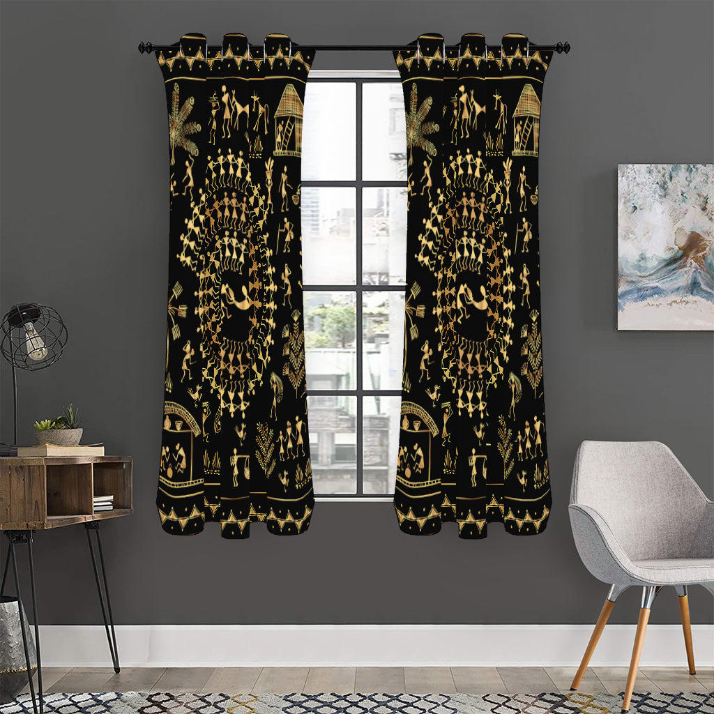Black And Gold Warli Tribal Print Curtain